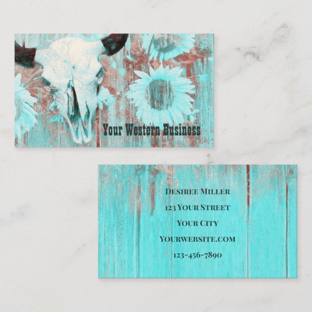 Rustic Teal Western Land Bull Skull Solblommor Visitkort (Fram/baksida)