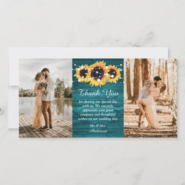 Rustic Teal Wood Burlap Heart Solrosfoto Tack Kort (Framsida)