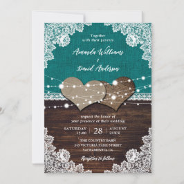 Rustic Teal Wood Burlap Snöre String Ljus Bröllop Inbjudningar