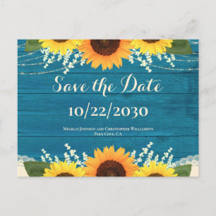 Rustic Teal Wood Solros Bröllop spara datum Vykort