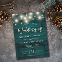 Rustic Teal Wood String Ljus bröllopsinbjudan