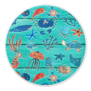 Rustic Teal Wood & under Sea Friends Whimsical Knopp