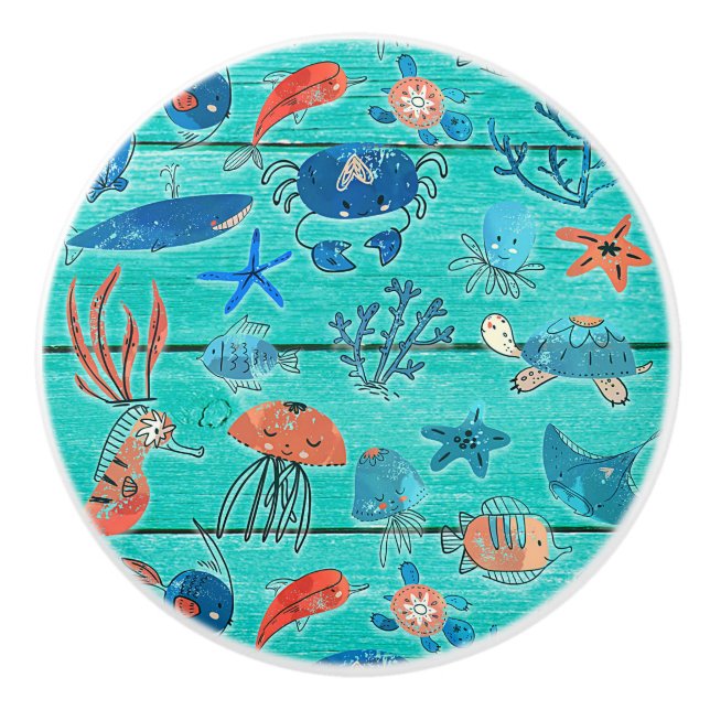 Rustic Teal Wood & under Sea Friends Whimsical Knopp (Framsidan)