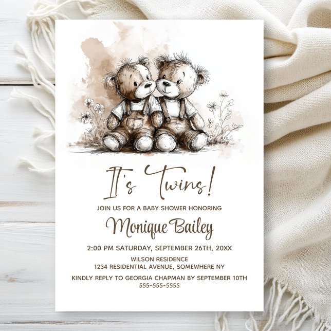 Rustic Teddy Bear Twins Baby Shower Inbjudningar (Skapare uppladdad)