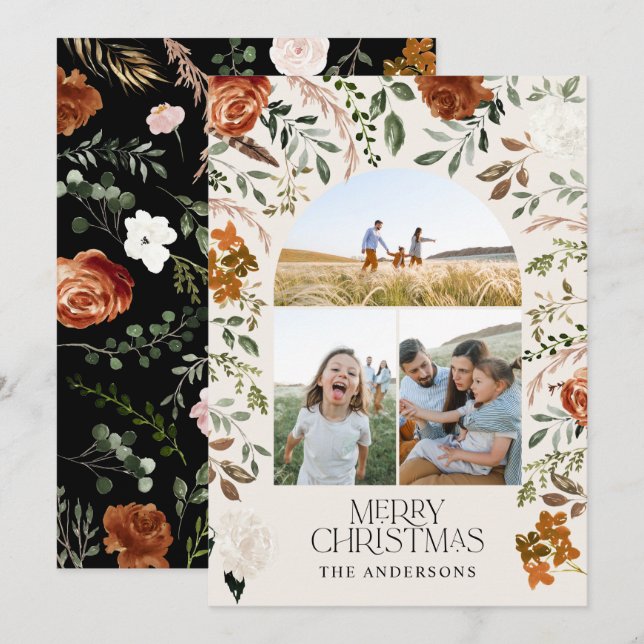 Rustic terracotta 3 fotobotaniska eleganter båge h julkort (Fram/baksida)