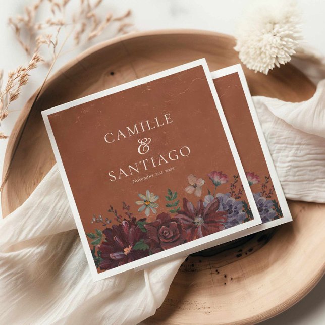Rustic Terracotta Blommigt Bröllop Pappersservett (Terracotta Floral Fall Wedding Napkin)