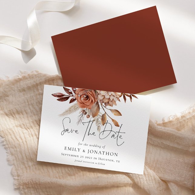 Rustic Terracotta Blommigt Bröllop Spara Datumet (Front and back view)
