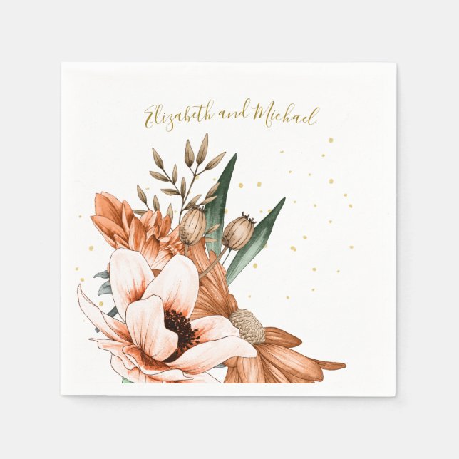 Rustic Terracotta Blommigt Guld Elegant Chic Bröll Pappersservett (Framsidan)