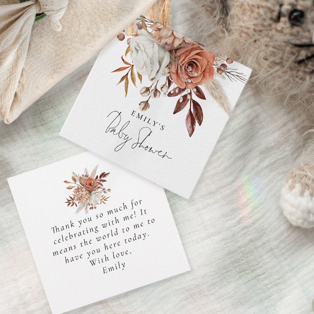 Rustic Terracotta Blommigt Namn Baby Shower Tack Gåvor Etiketter (Front and back view)