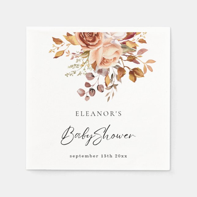 Rustic Terracotta Blommigt Namn Boho Baby Shower Pappersservett (Framsidan)