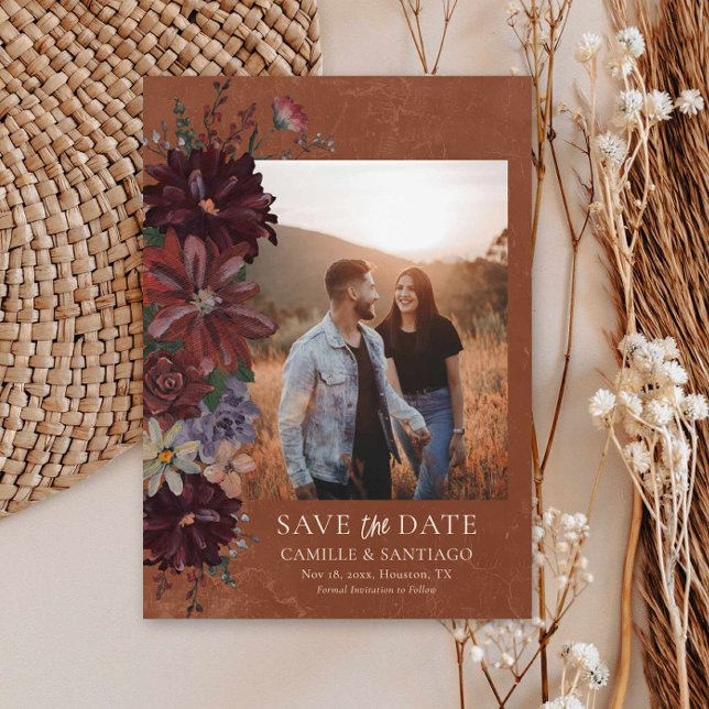 Rustic Terracotta Blommigt Photo Save Date Card Spara Datumet (Moody Terracotta Floral Photo Save the Date Card)