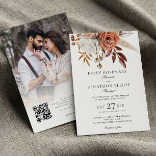 Rustic Terracotta Blommigts Photo QR Formal Bröllo Inbjudningar