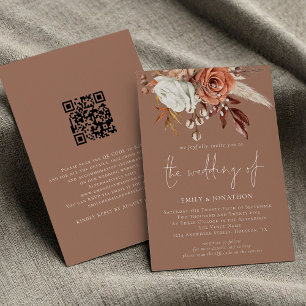 Rustic Terracotta Blommigts QR-kod Brown Bröllop Inbjudningar