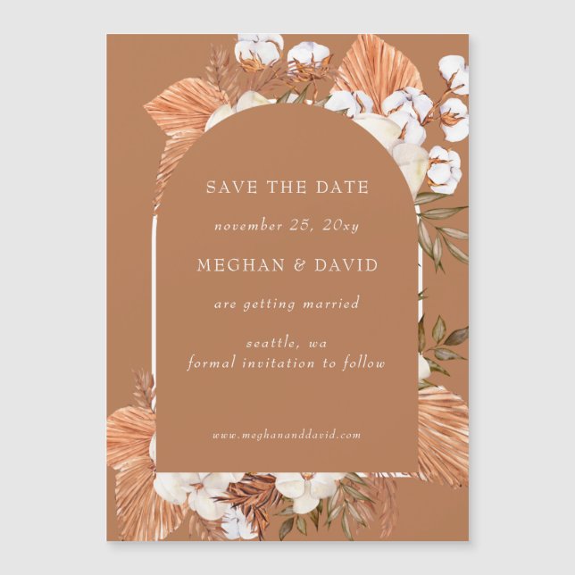Rustic Terracotta Boho Pampas Arched Save Date (Framsida)