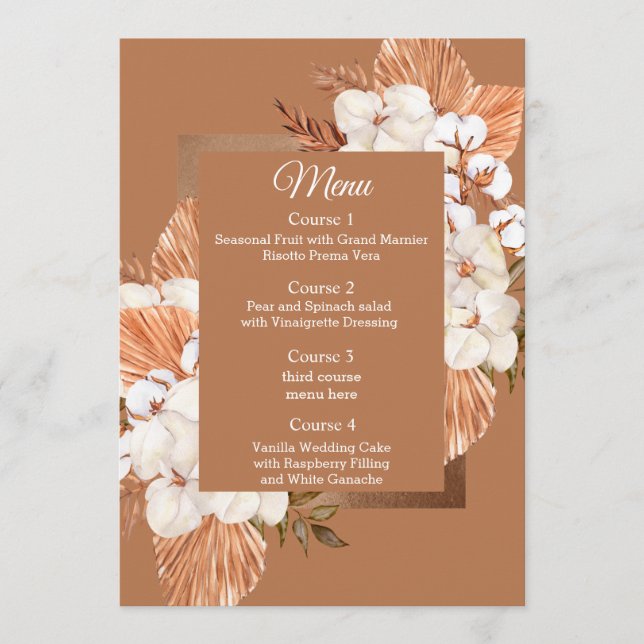 Rustic Terracotta Boho Pampas Orchids Bröllop Meny (Framsida)
