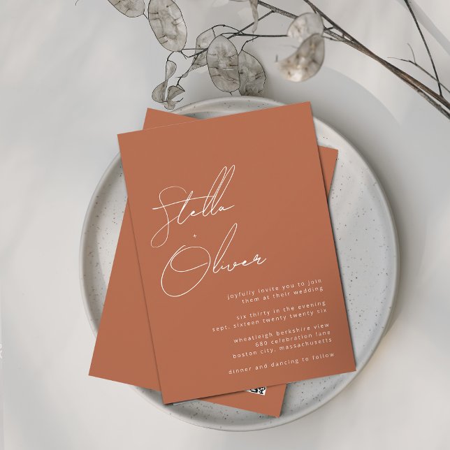 Rustic Terracotta Calligraphy QR Code Bröllop Inbjudningar (Rustic Terracotta Calligraphy QR Code Wedding Invitation)