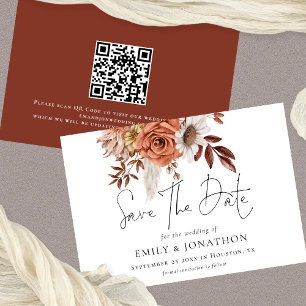 Rustic Terracotta Fall Blommigts QR-koden Bröllop Spara Datumet