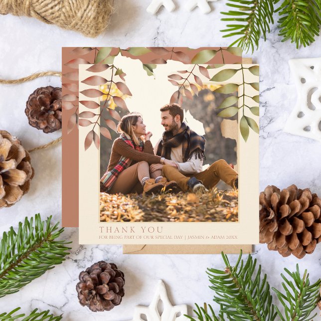 Rustic Terracotta Fall Höst löv Photo Bröllop Tack Kort (Skapare uppladdad)