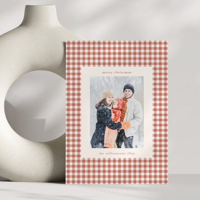 Rustic Terracotta Gingham Plaid Christmas Photo Julkort (Skapare uppladdad)
