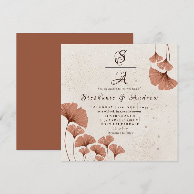 Rustic Terracotta Ginkgo Foliage Bröllop Inbjudningar (Fram/baksida)