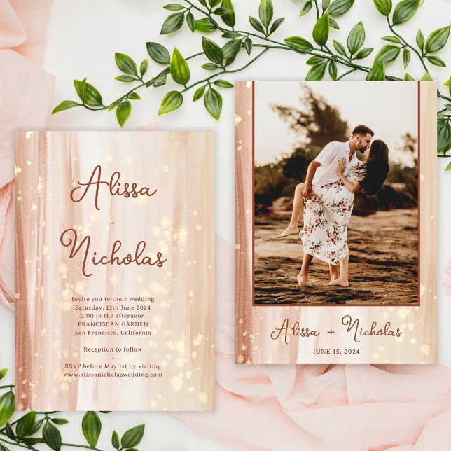 Rustic Terracotta Guld Watercolor Photo Bröllop Inbjudningar (Skapare uppladdad)