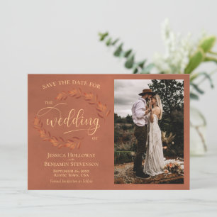 Rustic Terracotta Lövs & Photo Elegant bröllop Spara Datumet