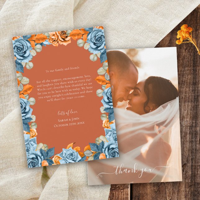 Rustic Terracotta Navy Blue and Rust Bröllop Photo Tack Kort (Skapare uppladdad)