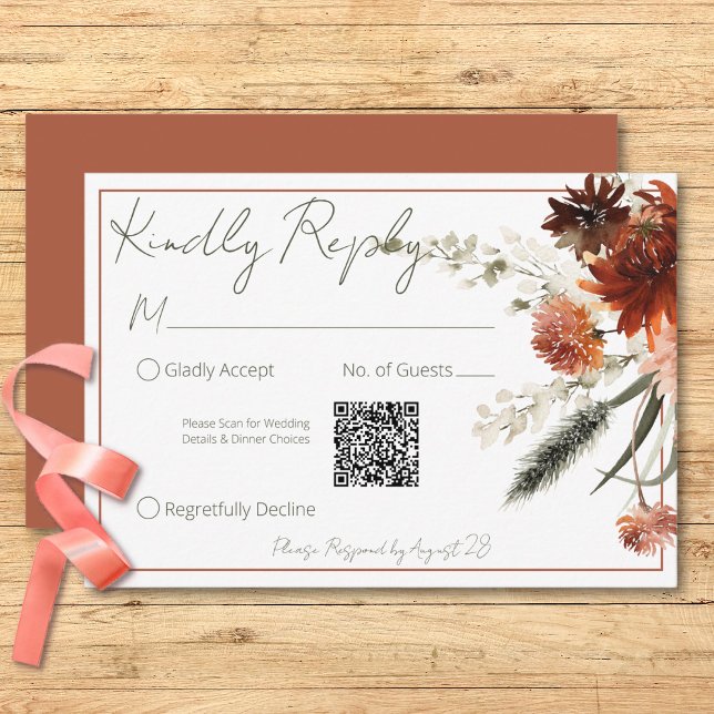Rustic Terracotta Rust Flowers Bröllop QR-kod OSA Kort (Rustic Terracotta Rust Flowers Wedding QR Code RSVP Card)