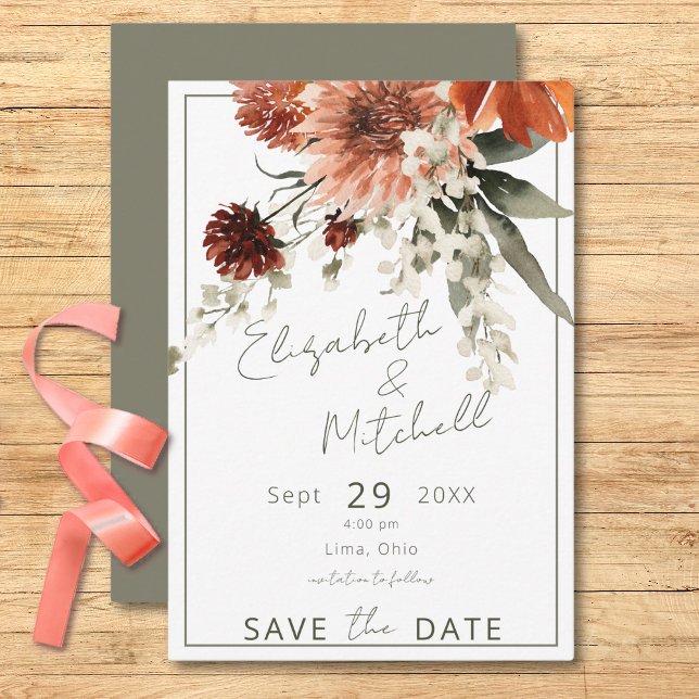 Rustic Terracotta Rust Flowers Grönt Bröllop Spara Datumet (Rustic Terracotta Rust Flowers Green Wedding Save The Date)