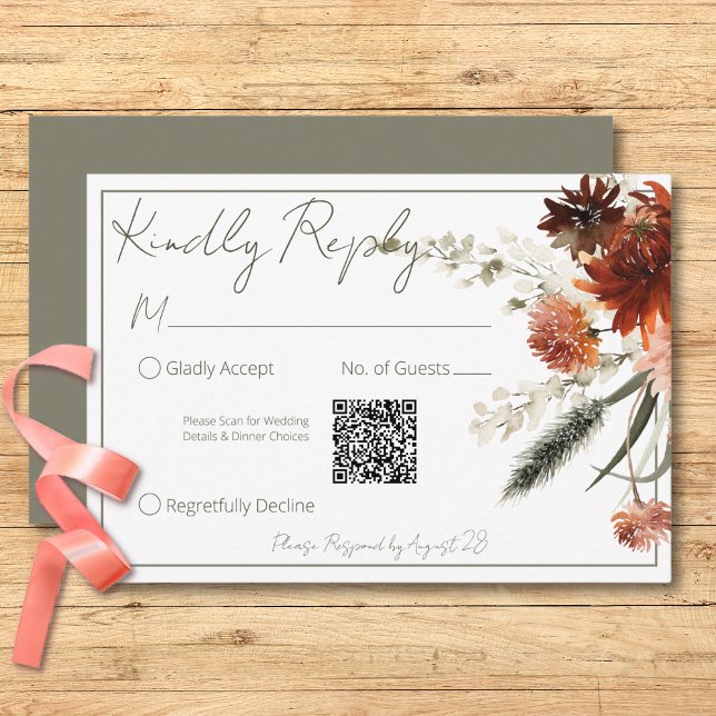 Rustic Terracotta Rust Flowers Grönt QR-kod OSA Kort (Rustic Terracotta Rust Flowers Green QR Code RSVP Card)