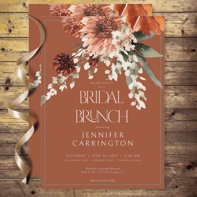 Rustic Terracotta Rust Flowers Möhippa Brunch Inbjudningar (Rustic Terracotta Rust Flowers Bridal Brunch Invitation)