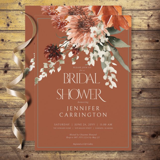 Rustic Terracotta Rust Flowers Möhippa Inbjudningar (Rustic Terracotta Rust Flowers Bridal Shower Invitation)