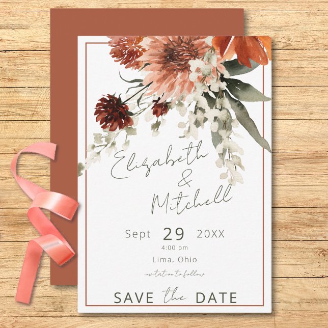 Rustic Terracotta Rust Flowers Spara Datumet (Rustic Terracotta Rust Flowers Save The Date)