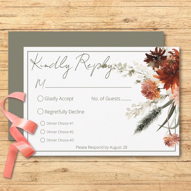 Rustic Terracotta Rust Flowers Tre Gröntar på midd OSA Kort (Rustic Terracotta Rust Flowers Three Dinner Green RSVP Card)