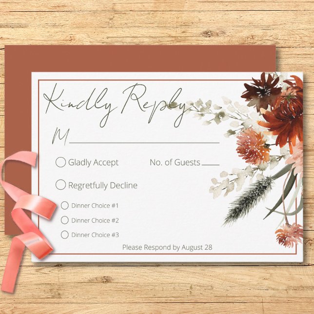 Rustic Terracotta Rust Flowers Tre på middag OSA Kort (Rustic Terracotta Rust Flowers Three Dinner RSVP Card)