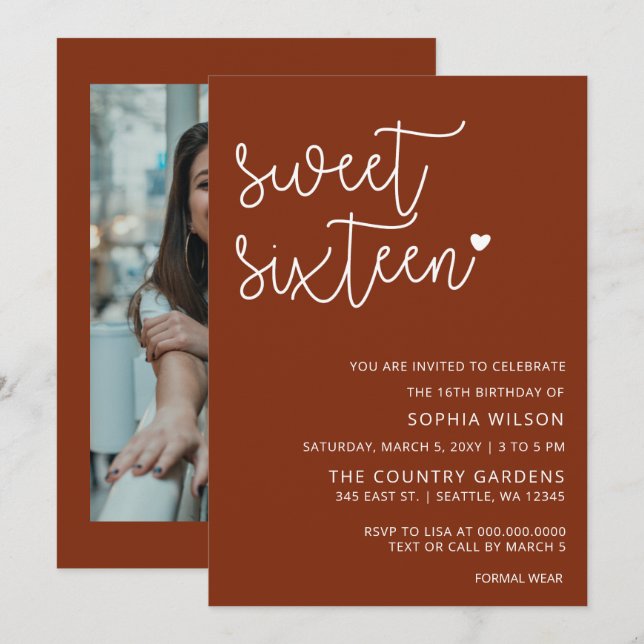 Rustic Terracotta Script Sweet 16 Birthday Photo I Inbjudningar (Fram/baksida)