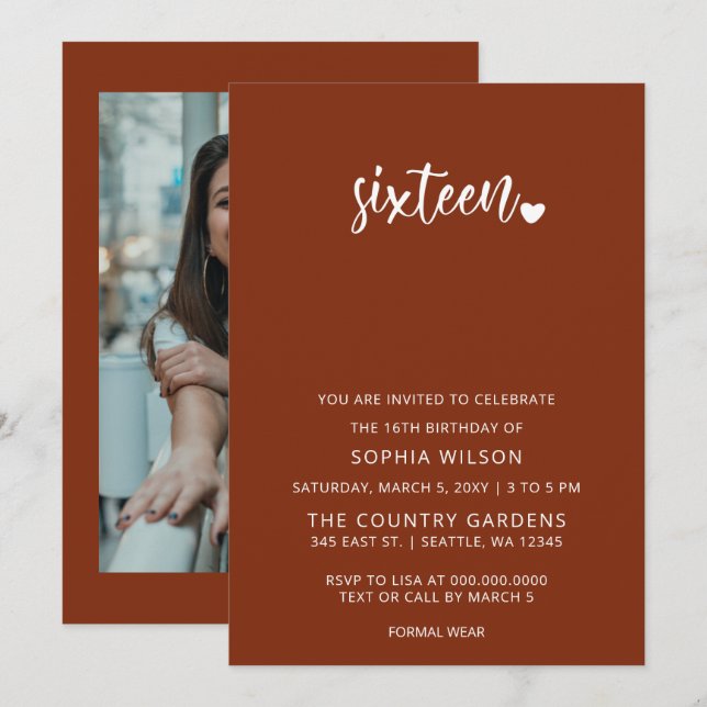 Rustic Terracotta Script Sweet 16 Birthday Photo Inbjudningar (Fram/baksida)