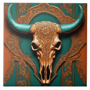 Rustic Terracotta Teal Westernare Land Bull SKull Kakelplatta