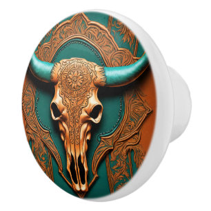 Rustic Terracotta Teal Westernare Land Bull SKull Knopp