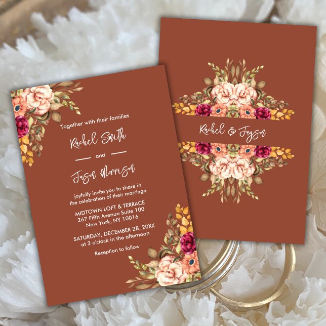 Rustic Terracotta Watercolor Blommigt Hösten Inbjudningar (Lovely Romantic Terracotta Wedding Invitation with Watercolor Flowers)