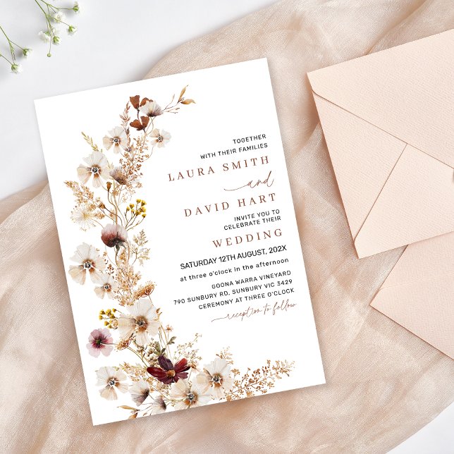 Rustic Terracotta Wildblommor Bröllop Inbjudningar (Rustic Wildflower Wedding Invitation Template, Modern Rustic Floral Wedding Invitation, Natural Tone)