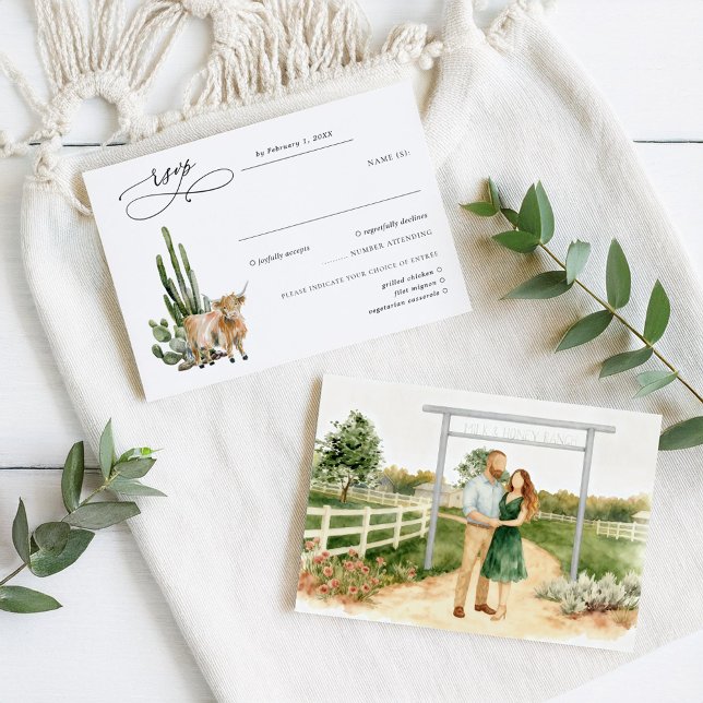 Rustic Texas Cactus & Cow Wedding RSVP OSA Kort (Skapare uppladdad)