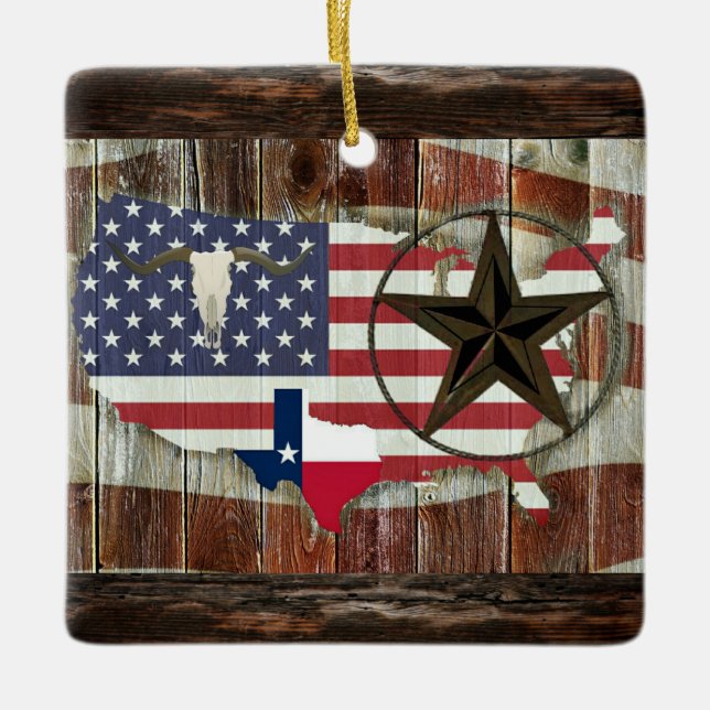 Rustic Texas Lone Star Texas Long Horn Ceramic Orn Julgransprydnad Keramik (Framsida)