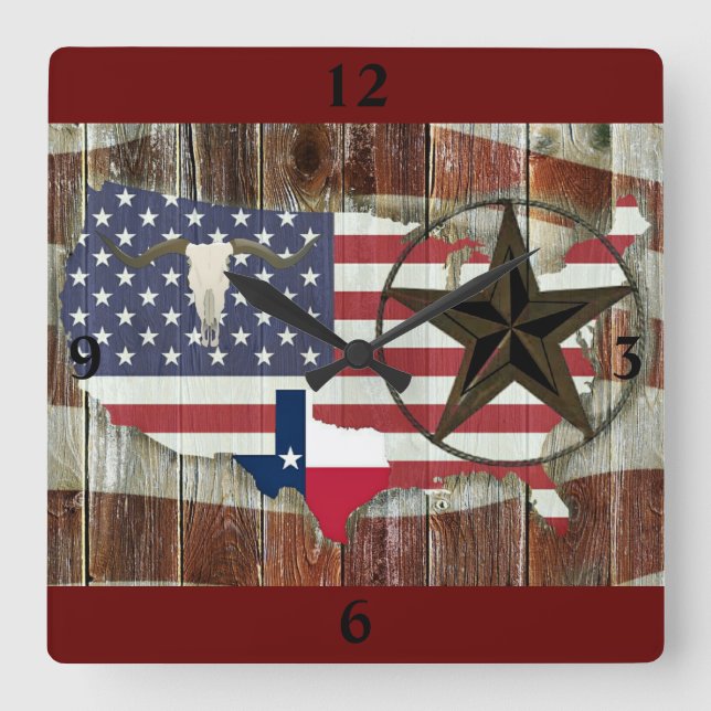 Rustic Texas Lone Star Texas Long Horn Fyrkantig Klocka (Framsida)