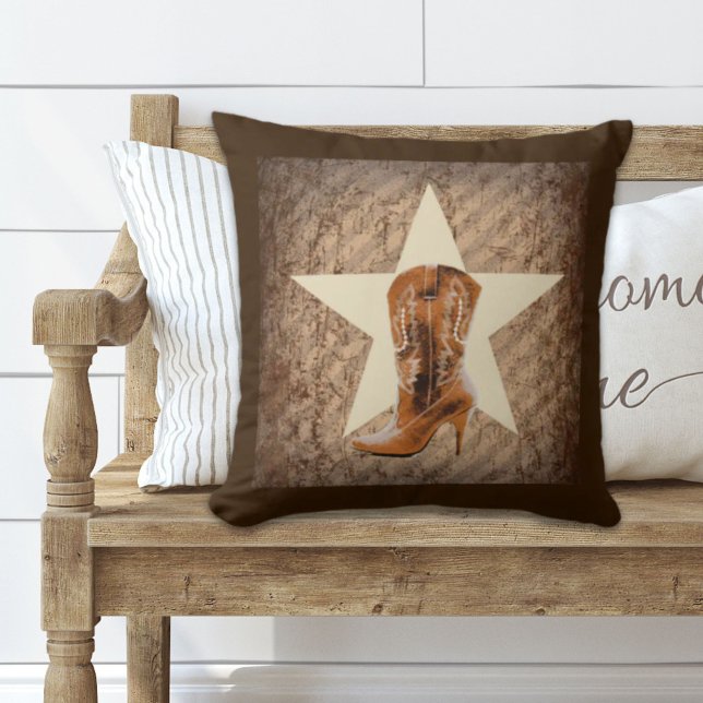 Rustic Texas Star Western Land Cowgirl Boot Kudde (Rustic Texas Star Western Country Cowgirl Boot Throw Pillow)