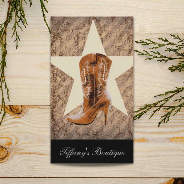 Rustic Texas Star Western Land Cowgirl Boot Visitkort (Rustic Texas Star Western Country Cowgirl Boot Business Card)