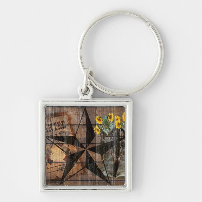 Rustic Texas Star Western Pistol CowboyBoots Fyrkantig Silverfärgad Nyckelring (Framsidan)