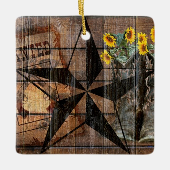 Rustic Texas Star Western Pistol CowboyBoots Julgransprydnad Keramik (Framsida)