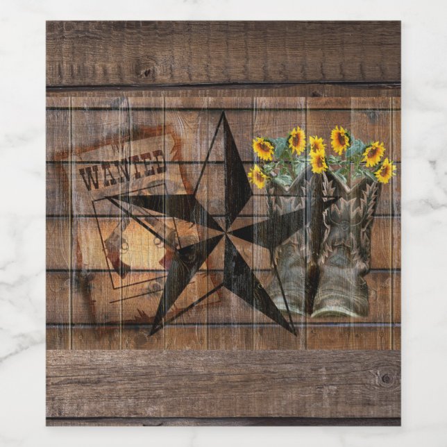 Rustic Texas Star Western Pistol CowboyBoots Vinflaska Etikett (Singel etikett)