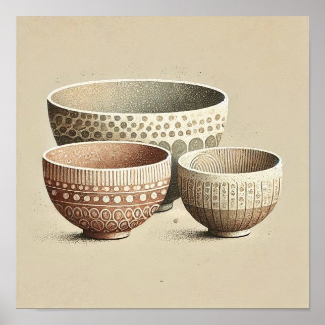 Rustic Texturerade keramiska Bowls med Boho Mönste Poster (Framsidan)